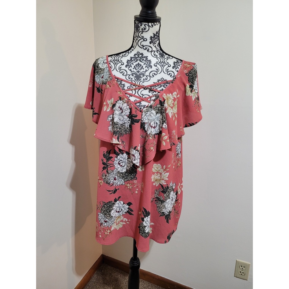 Tempted Los Angeles Floral Blouse‎ Womens 2X Coral Pink Strappy Ruffle
